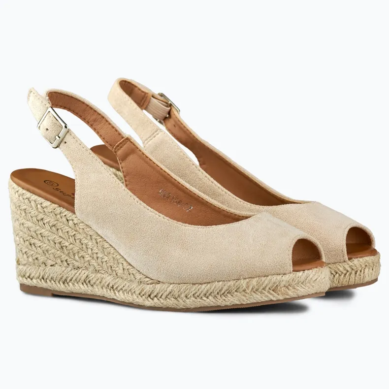 Beige suède damesespadrilles met sleehak