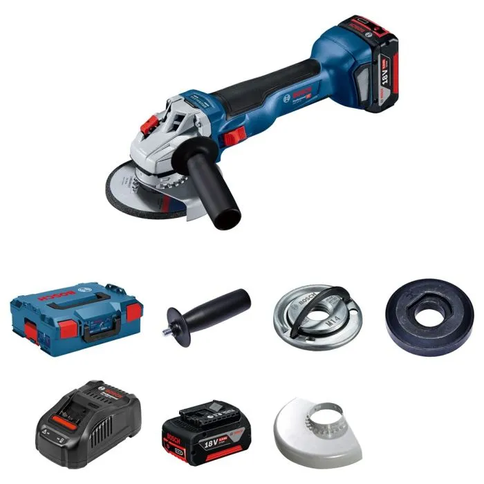BOSCH GWS 18V10 HAAKSE SLIJPER 18V     C&G BVK 2X 4,0AH, LADER GAL 18V40
