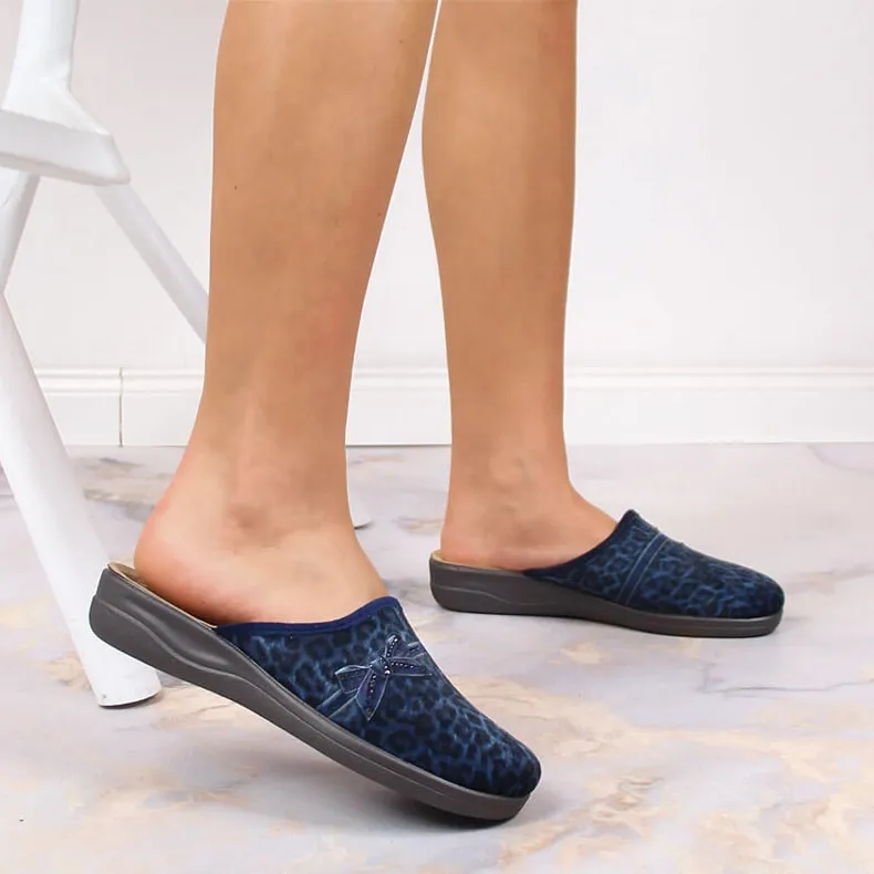 Comfortabele marineblauwe Inblu damesslippers met luipaardprint
