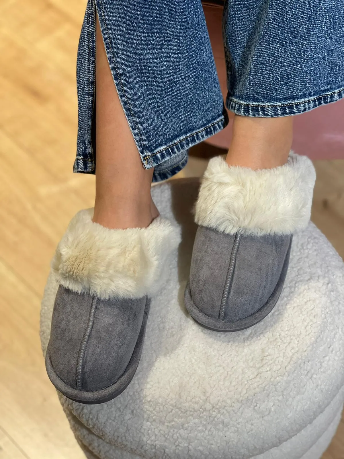Fake Fur Sloffen Grijs
