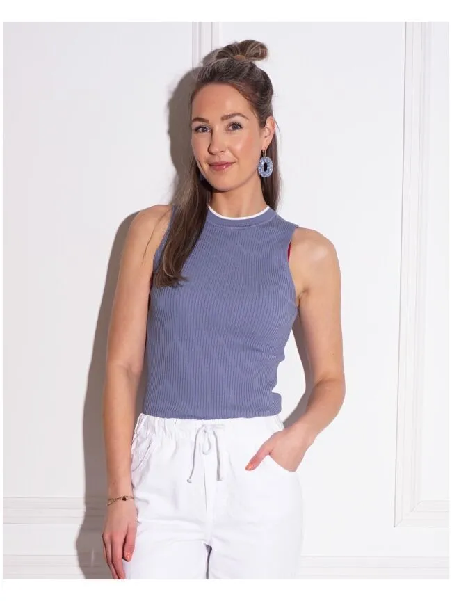 GERIBDE TANKTOP MET STREEP BLAUW