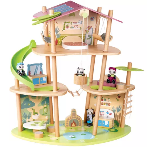 hape poppenhuis met inrichting en pandafamilie