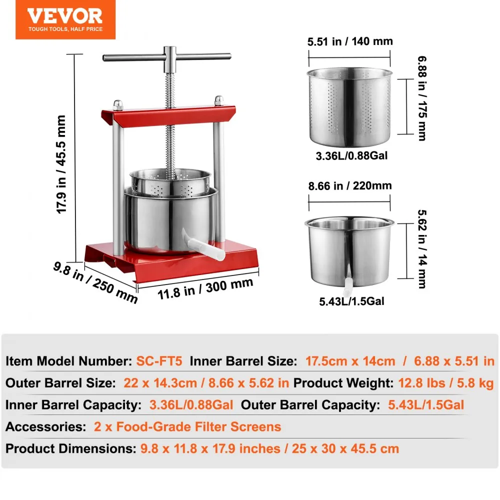 VEVOR 6 L FRUITPERS APPELPERS FRUITPERS MET THANDVAT, BESSENPERS 18 X 15 CM APPELPERS HANDMATIGE JUICER FRUITPERS MECHANISCHE R