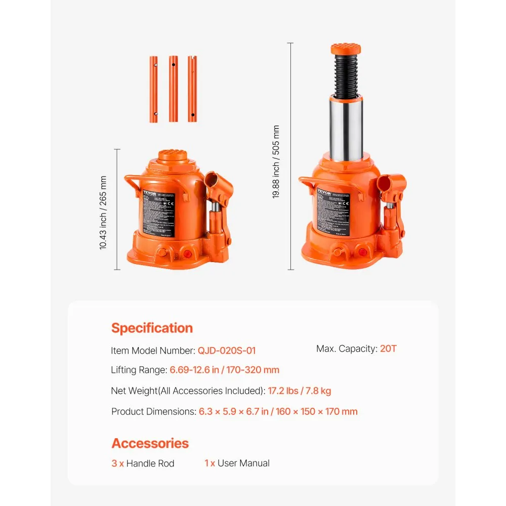 VEVOR HYDRAULISCHE KRIK 20T HANDMATIGE STEMPELKRIK WORKSHOP 1732CM
