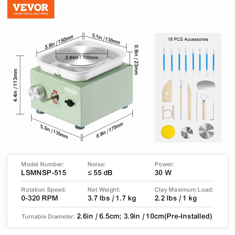 VEVOR Mini Aardewerkschijf Mini Elektrische Keramische Wielmachine 320 RPM Groen